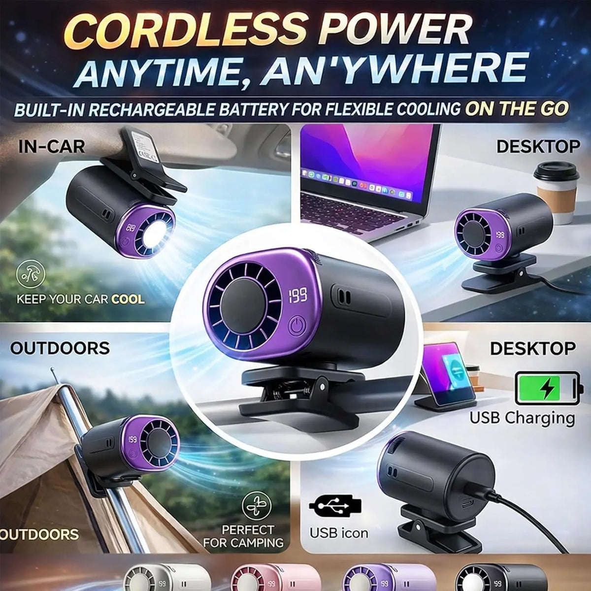 2026 New Car Clip On Air Conditioner Fan with LED Display - 360° Rotation, Portable Mini Cooling System for Auto Vehicle USB Rechargeable, 199 Speeds Adjustable, 16℃ Semi-Cooling Wide Clamp