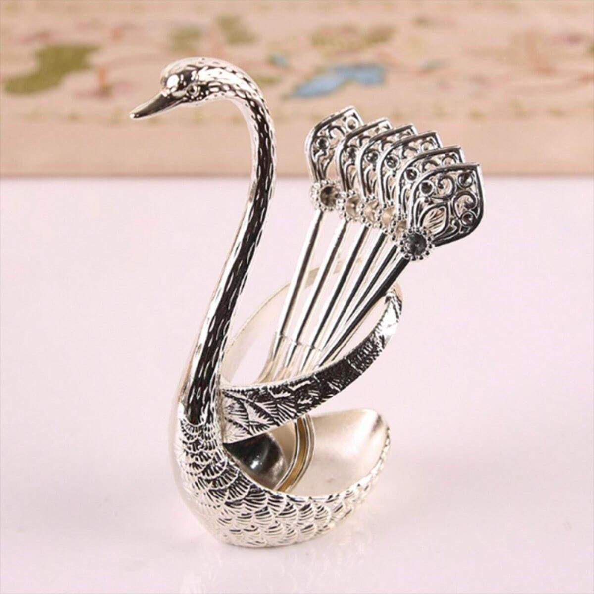 Coffee Spoons Set, Including 6 Stainless Steel Spoons and 1 Swan Base, Creative Swan Design Coffee Stirring Spoons for Dessert and Tea, Kitchen Cutlery and Tableware Utensils Supplies