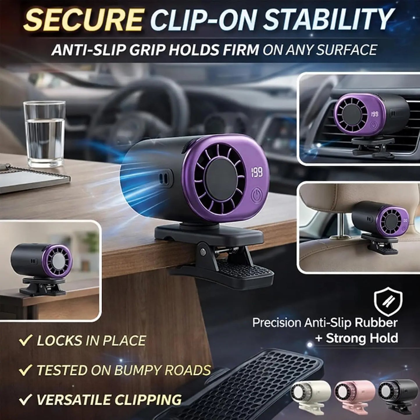 2026 New Car Clip On Air Conditioner Fan with LED Display - 360° Rotation, Portable Mini Cooling System for Auto Vehicle USB Rechargeable, 199 Speeds Adjustable, 16℃ Semi-Cooling Wide Clamp