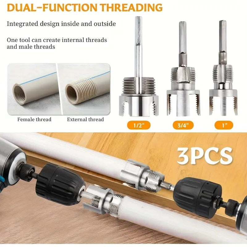 3-Piece Heavy-Duty Alloy Pipe Threading Tool Set - 1/2", 3/4", 1" Internal/External Threads, Electric Drill Compatible PVC/Plastic Pipe Threading Tool, Suitable for DIY and Professional Plumbing Installations (Compatible with PPR, MPP Pipes)Summervibes