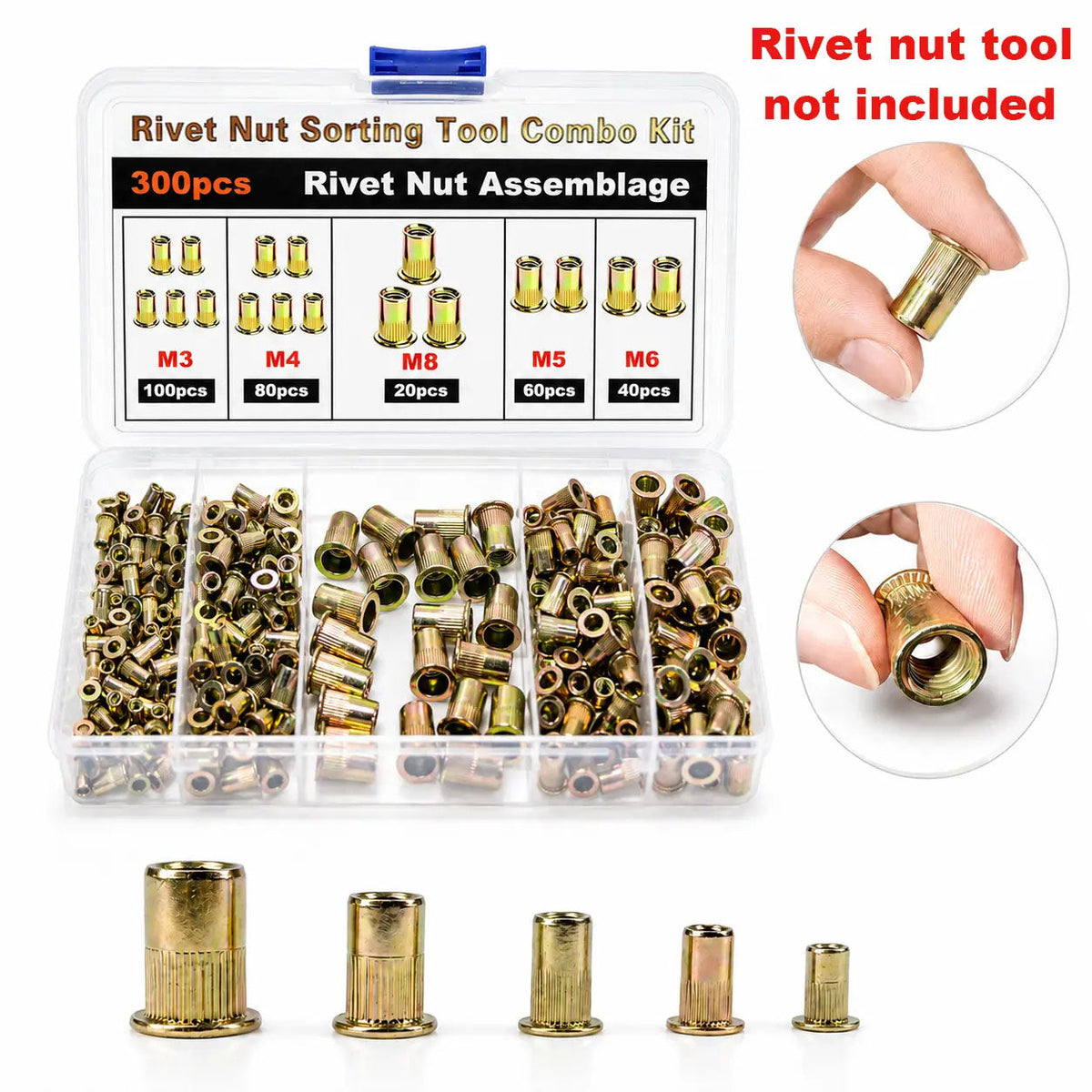 Head Rivet Nut Tool, M3 M4 M5 M6 M8 Rivnut Kit, Carbon Steel Rivnut Set, Threaded Rivet Nut Kit, Manual Riveter Rivnuts Tool Accessory for Automotive Repair Warehouses