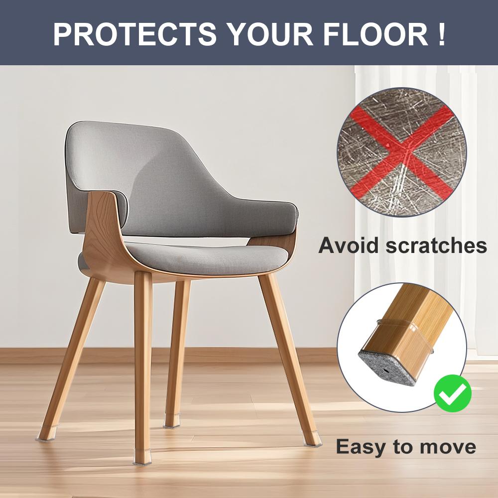 Square Chair Leg Floor Protectors, Furniture felt pads for Hardwood Floors, furniture Sliders for Chair Legs, Floor Protectors for Chairs, reduces noise Silicone Chair Leg Caps Cover, Large, Clear
