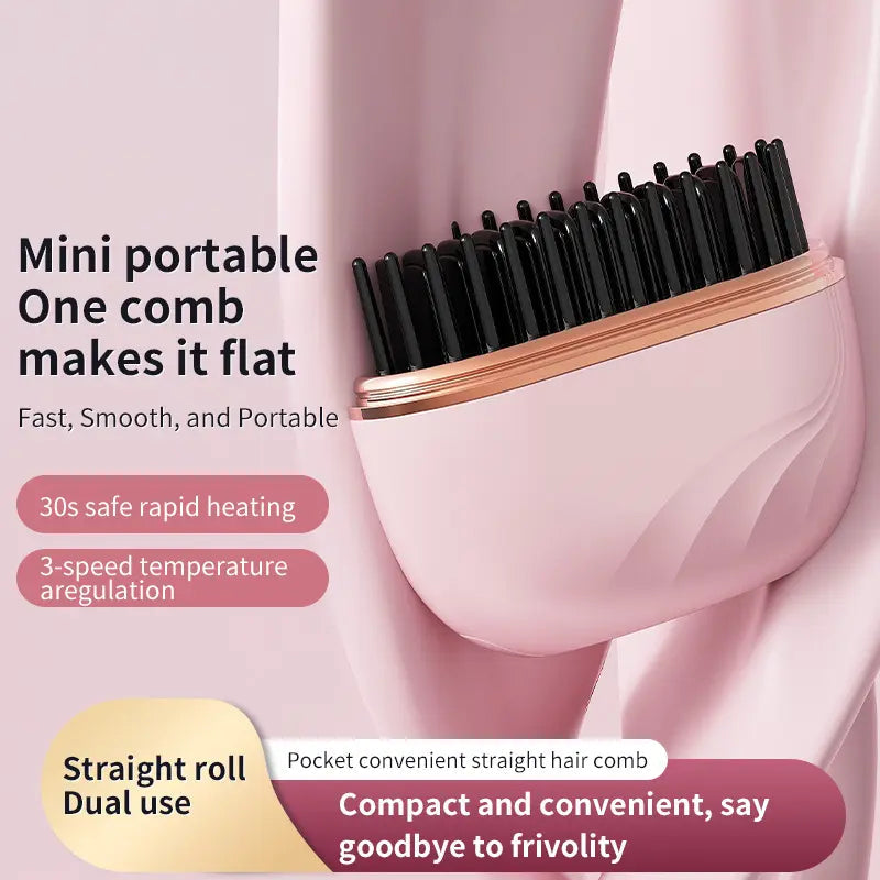 Mini Cordless Hair Straightener, Portable 2-in-1 Heated Comb & Iron, USB-C Rechargeable, Travel-Friendly Styling Tool, Multifunctional Hair Styler For Travel & Home Anti-Frizz Brush Pink