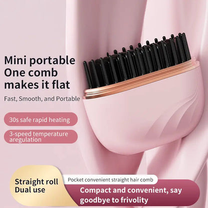 Mini Cordless Hair Straightener, Portable 2-in-1 Heated Comb & Iron, USB-C Rechargeable, Travel-Friendly Styling Tool, Multifunctional Hair Styler For Travel & Home Anti-Frizz Brush Pink