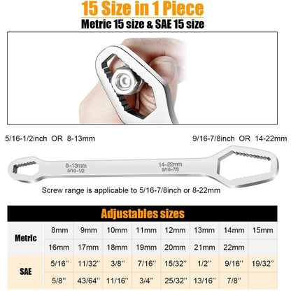 Universal Wrench,Self-Tightening Adjustable Wrench 8-22mm, 3mm Carbon Steel, Double-Head with Torx Socket, Auto-Grip Non-Slip Universal Wrench for Car & Home Repair